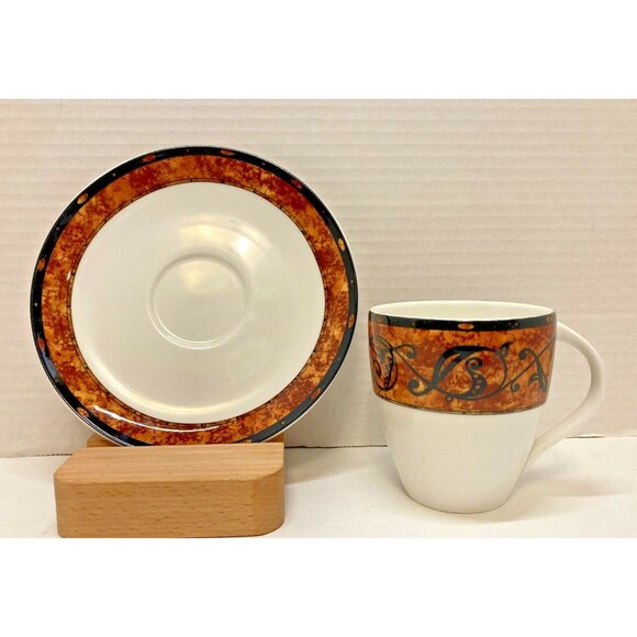 Christopher Stuart Morella Cup & Saucer Set 6.5" Optima HK105, Black Scroll Vtg. - Picture 1 of 5
